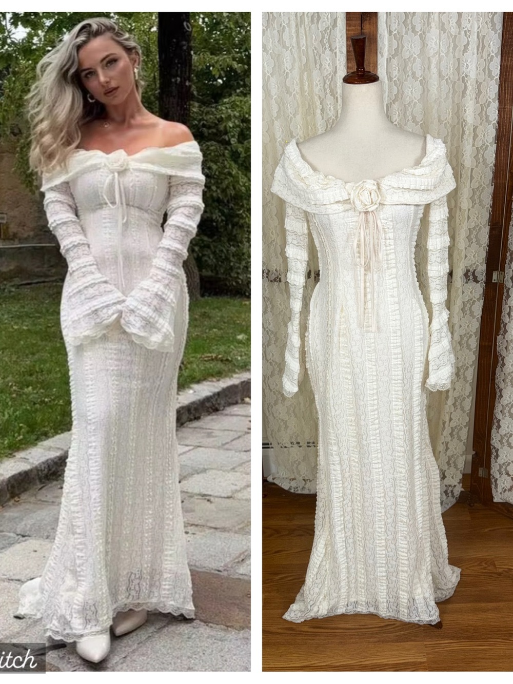 Pretty Jeta Ari Tea Break Off-Shoulder Ivory Knit Wedding Dress